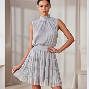 MSK Silver Metallic Pleated Tiered Ruffle Mini Dress L Shimmer Party Cocktail